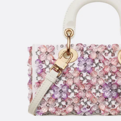 Tasche Lady Dj Micro – Weißes Kalbsleder mit Rosa Blumenstickerei & Strass