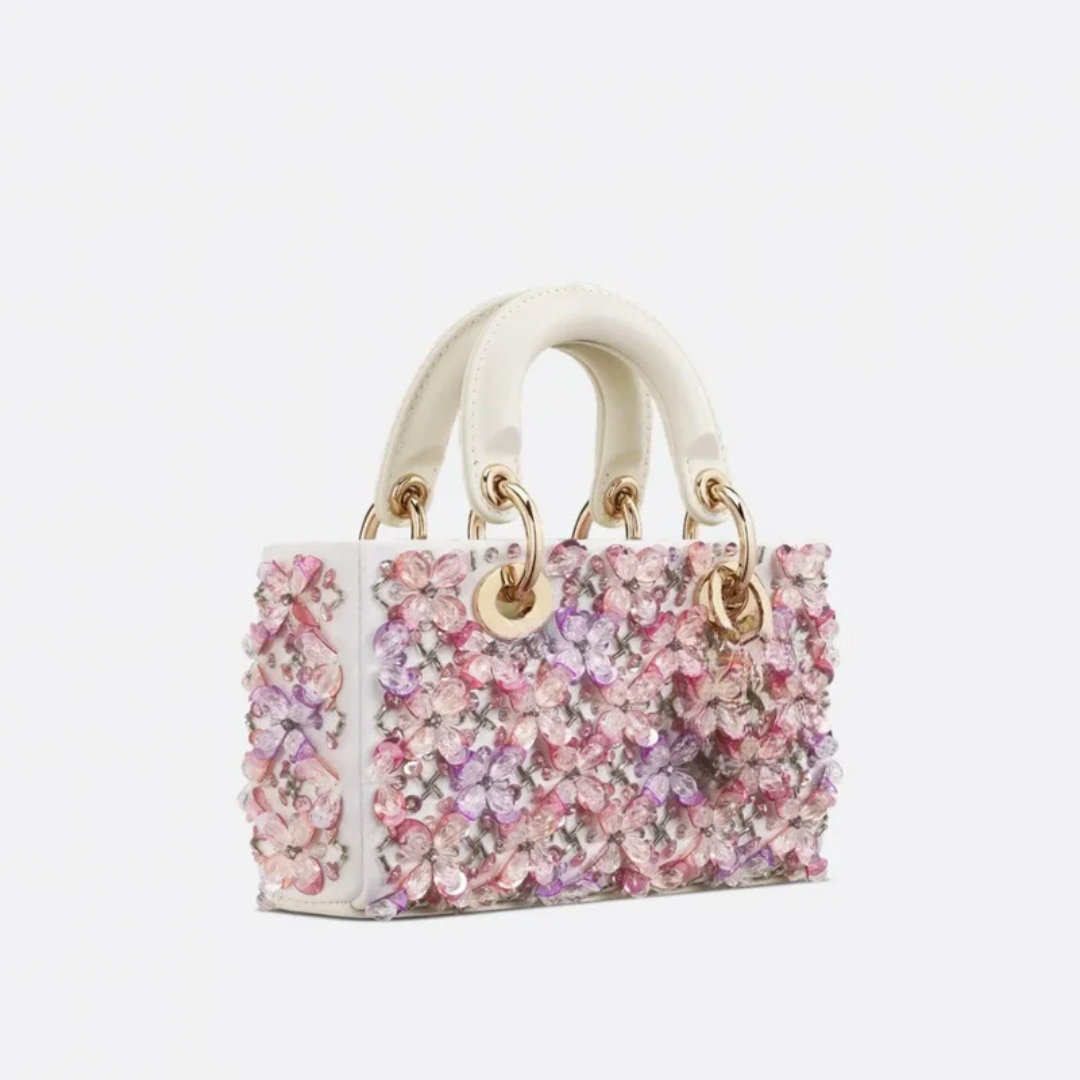 Tasche Lady Dj Micro – Weißes Kalbsleder mit Rosa Blumenstickerei & Strass