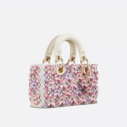 Tasche Lady Dj Micro – Weißes Kalbsleder mit Rosa Blumenstickerei & Strass